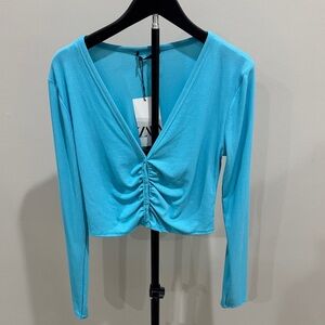 Zara Bright Turquoise Button-Ruched Long Sleeve Crop Top